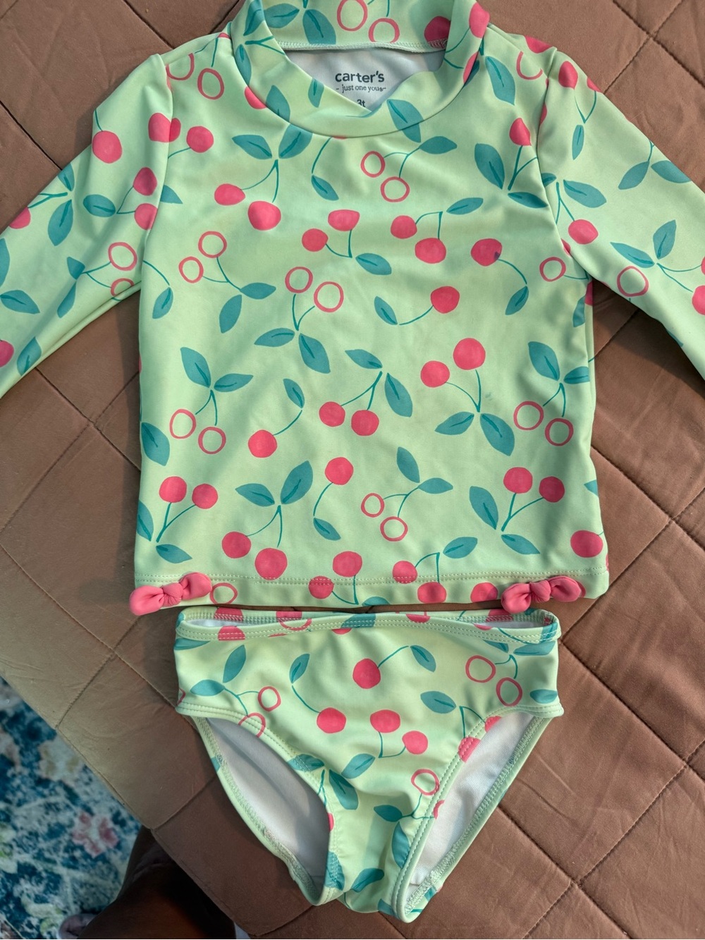 Carter's Mint Green Cherry Print Rashguard Swim Set with Pink Accents
